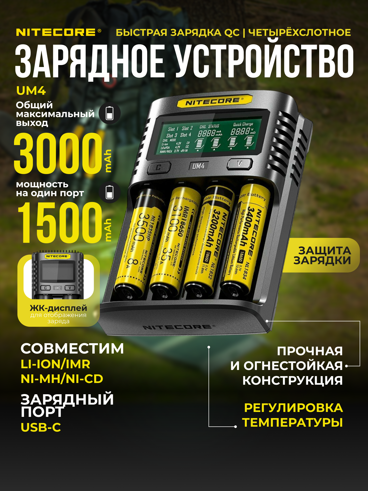 Зарядное устройство Nitecore UM4 (4 слота | Quick Charge 2.0 | максимальный ток 1500 мА)