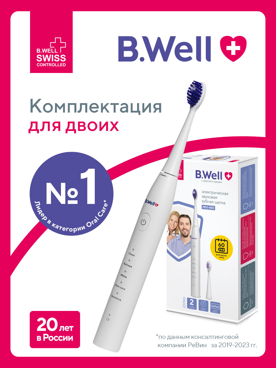 Электрическая зубная щетка B.Well PRO-850 звуковая белая, 5 режимов, 60 дней без подзарядки