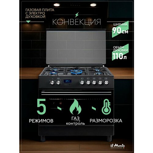 Газовая плита, 90 см, Газ-Контроль, Электрическая духовка 110 л, Конвекция, Турбо-Конфорка WOK Sabaf (Италия), il Monte FO-GE9009