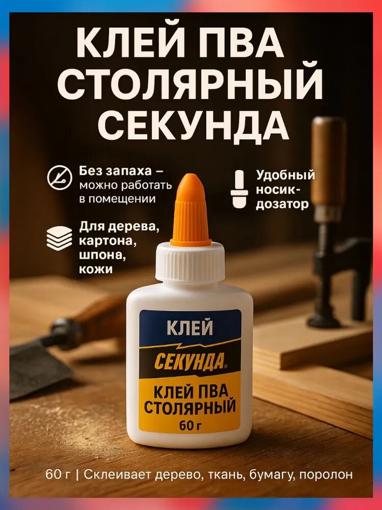 Клей ПВА секунда столярный 60 г для любых пород дерева без запаха