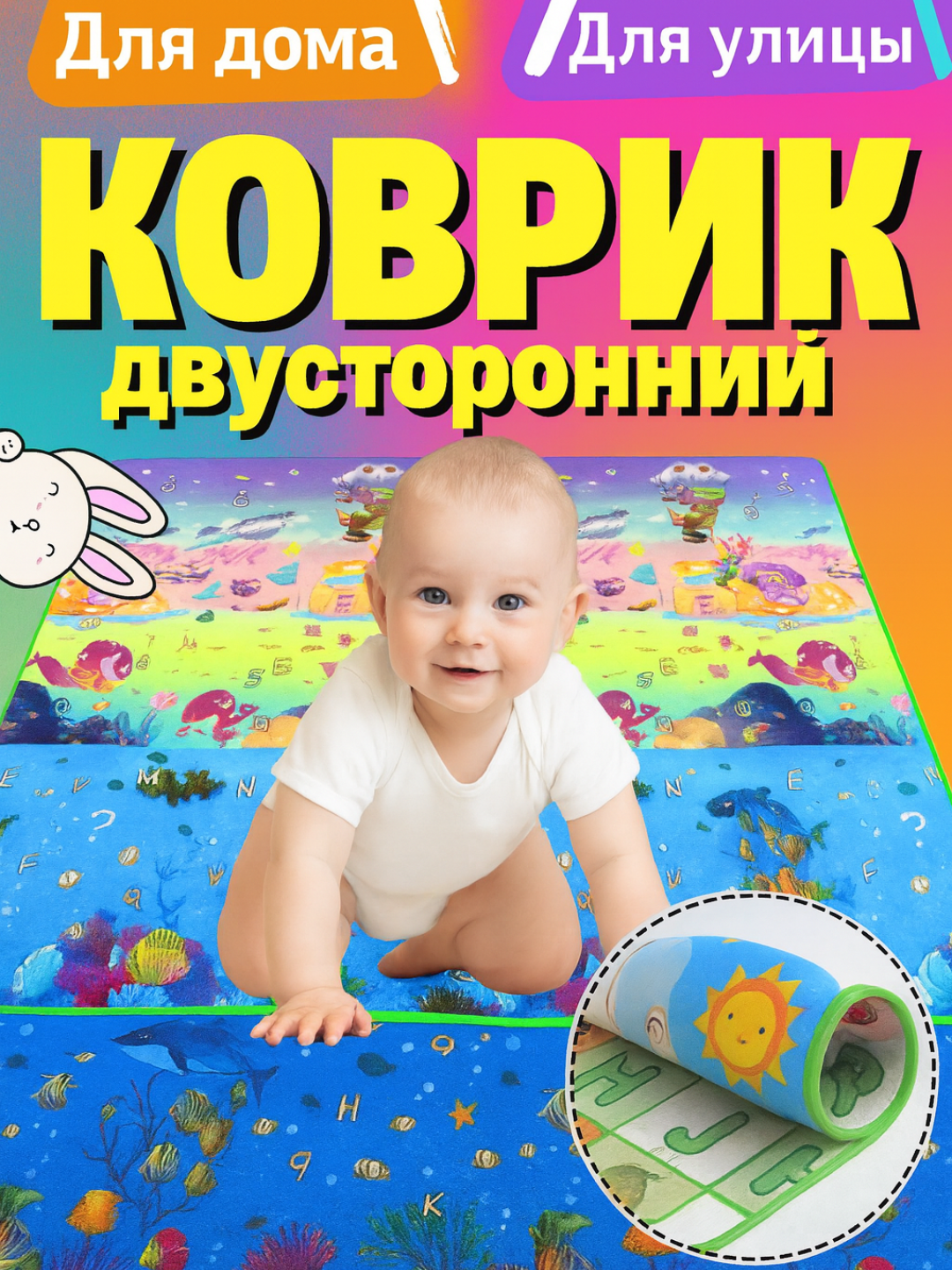 Двусторонний развивающий коврик для детей 200×180 см Алфавит и животные, EPE хлопок