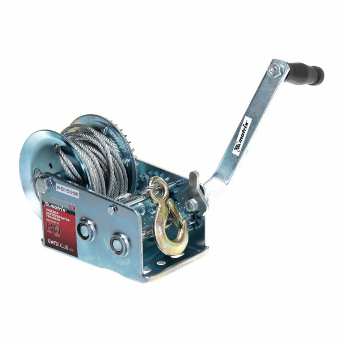 Лебедка ручная MATRIX шестеренчатая 0.8 т тяга корпус и механизм из стали режим холостого хода стальной трос диаметром 4.8 мм и карабин на крюке 522735