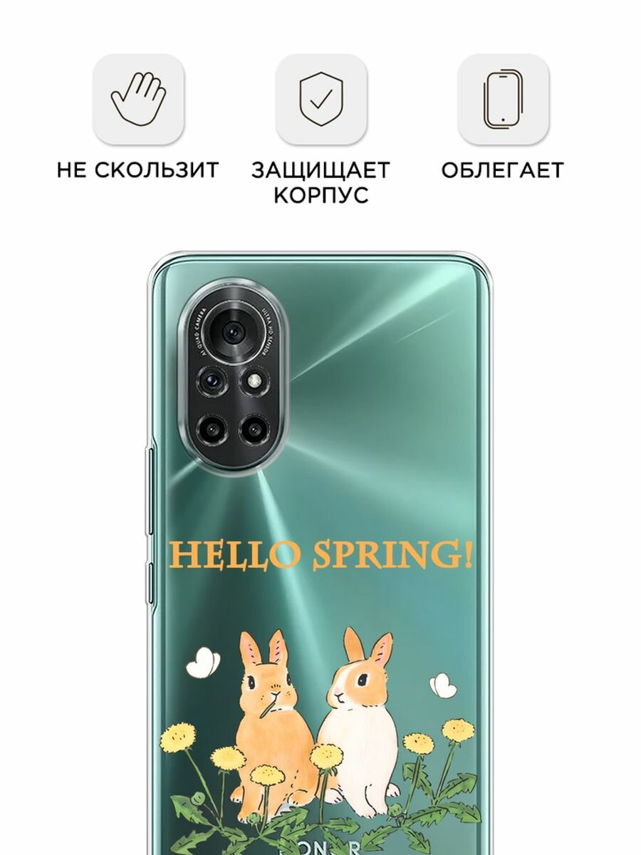 Чехол на Honor V40 Lite/Huawei Nova 8 / Хонор В40 Лайт/Хуавей Нова 8 с принтом "Весенние кролики", прозрачный — фото 1