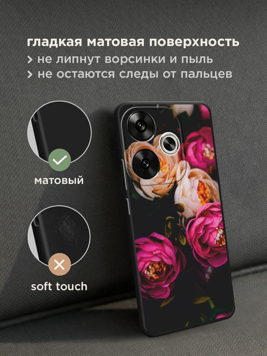 Черный матовый чехол на Xiaomi Redmi Turbo 3 / Редми Турбо 3 с принтом "Розовые пионы на черном" — фото 1