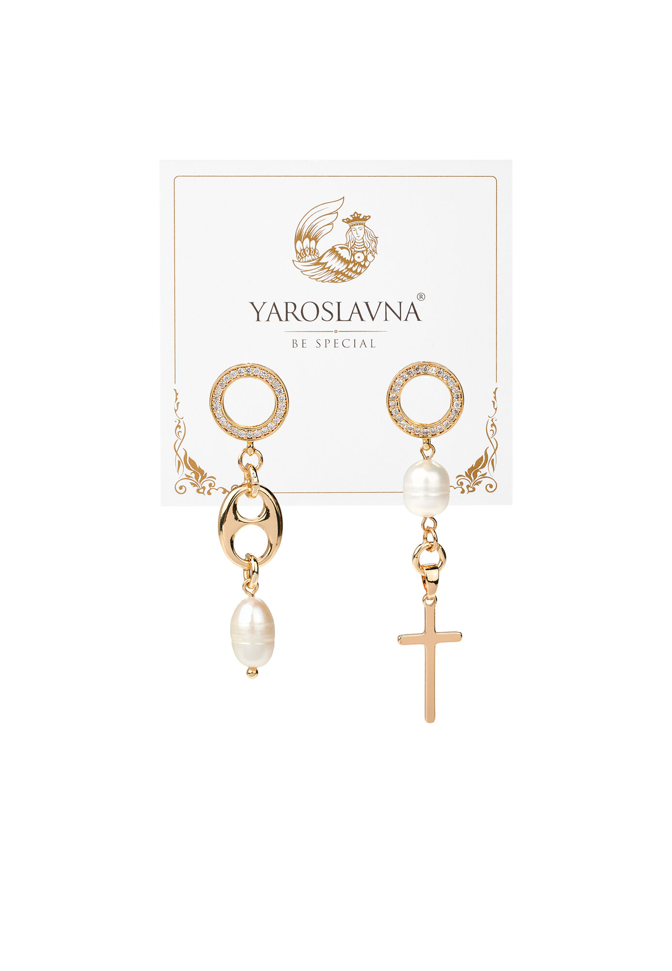 Серьги YAROSLAVNA, жемчуг барочный, циркон, белый/золотистый — фото 1