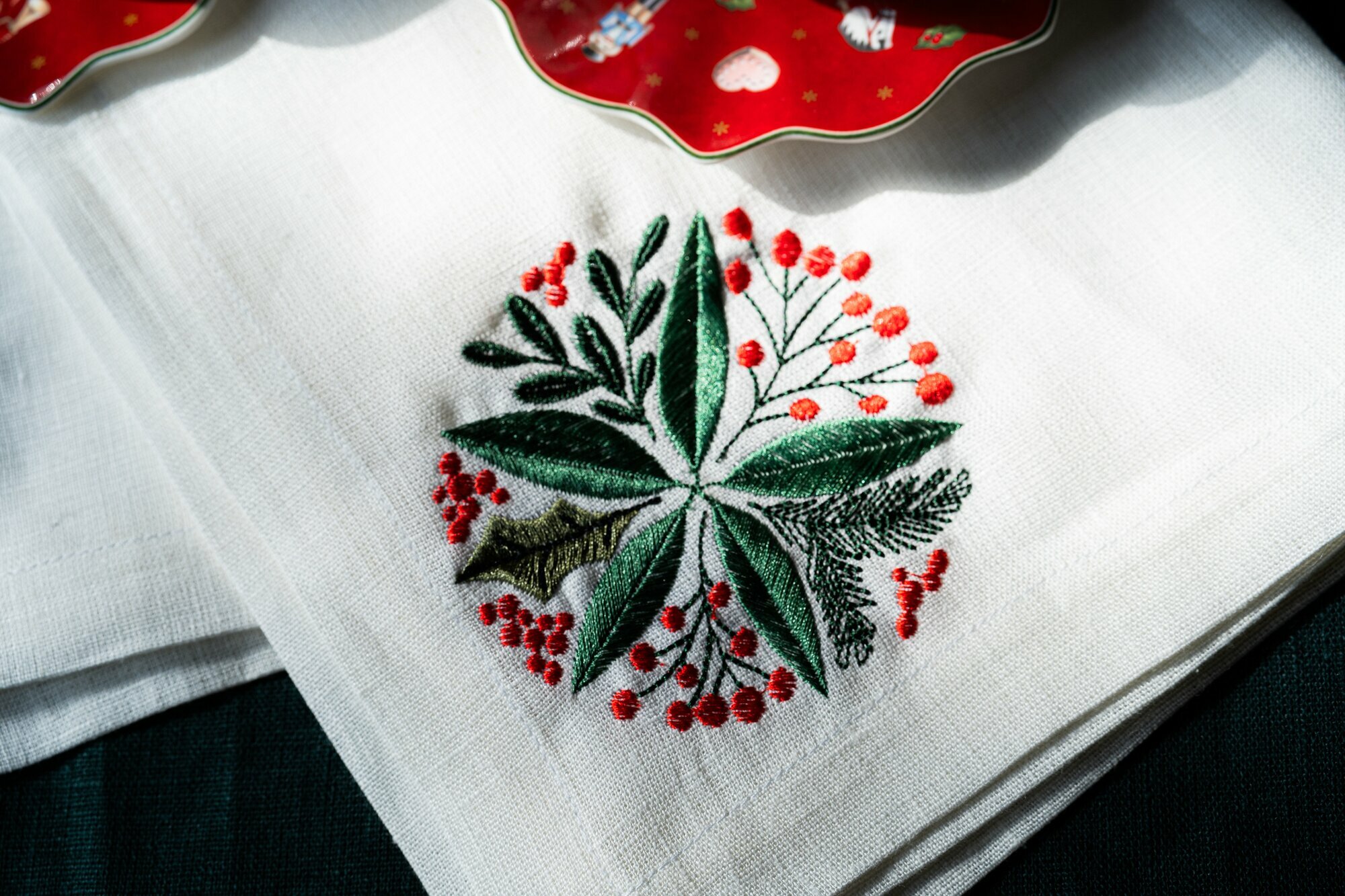 Набор салфеток, льняные, квадратные, с новогодней вышивкой, 45x45 см, 2 штуки