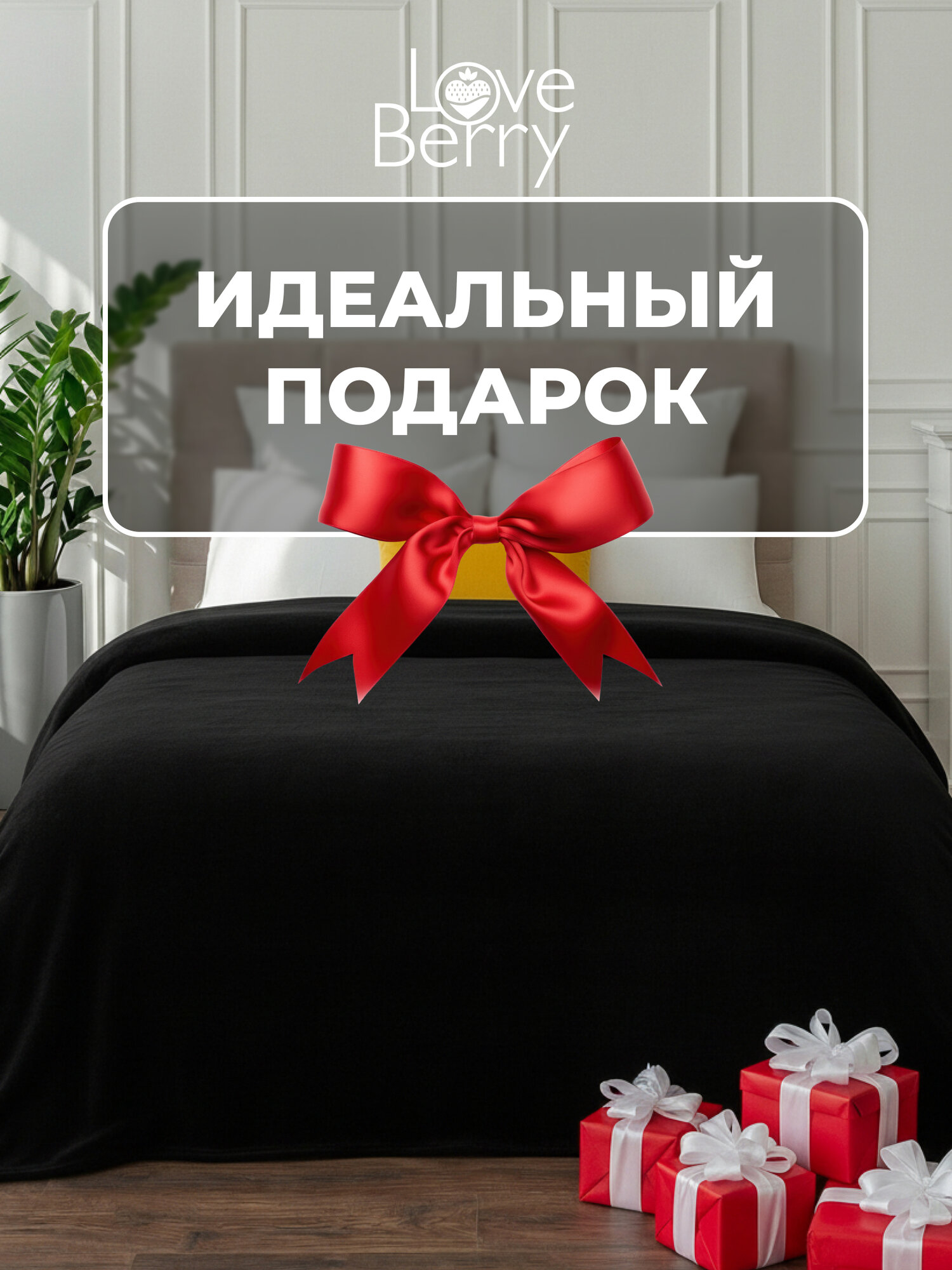 Плед 200х220 LOVEBERRY из велсофта Евро в спальню однотонный, черный — фото 1