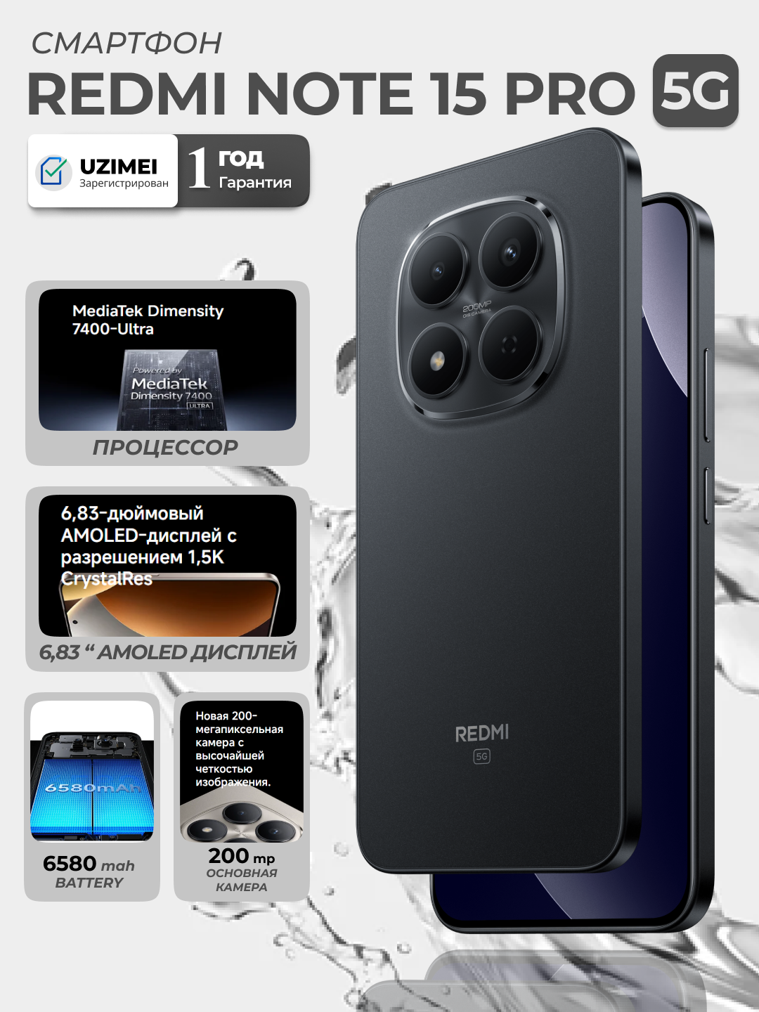 Смартфон Redmi Note 15 Pro 5G, 200 MP + 32 MP камера, 6500 мАч 45 Вт, 120 Гц, IP64