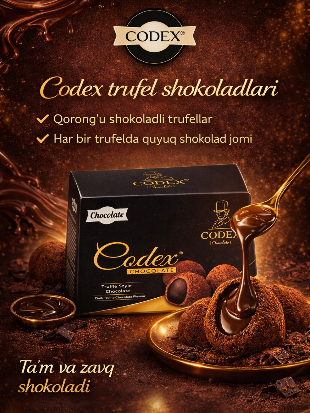 Шоколад Codex с чёрным трюфельным шоколадом, приготовленный в колумбийском стиле, с какао-вкусом