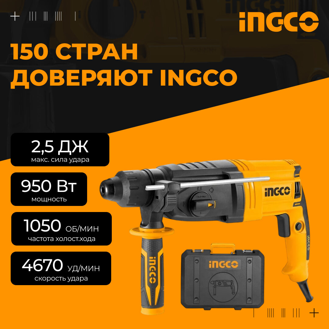 Перфоратор электрический RGH9528 SDS-Plus INGCO , реверс, сетевой 950Вт, 2.5 Дж, кабель 2м, кейс