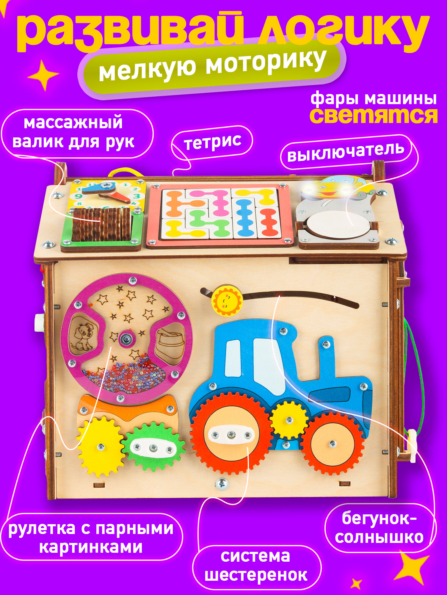 Бизиборд Бизидом Домик Развивающий со светом "мишка", игрушка для мальчика и девочки. 29*26*25 см свет. MKQ1 — фото 1