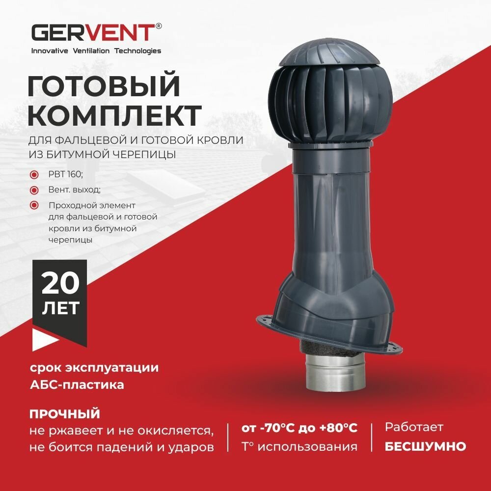 GERVENT Система вытяжной вентиляции для фальцевой и готовой кровли из битумной черепицы серый графит