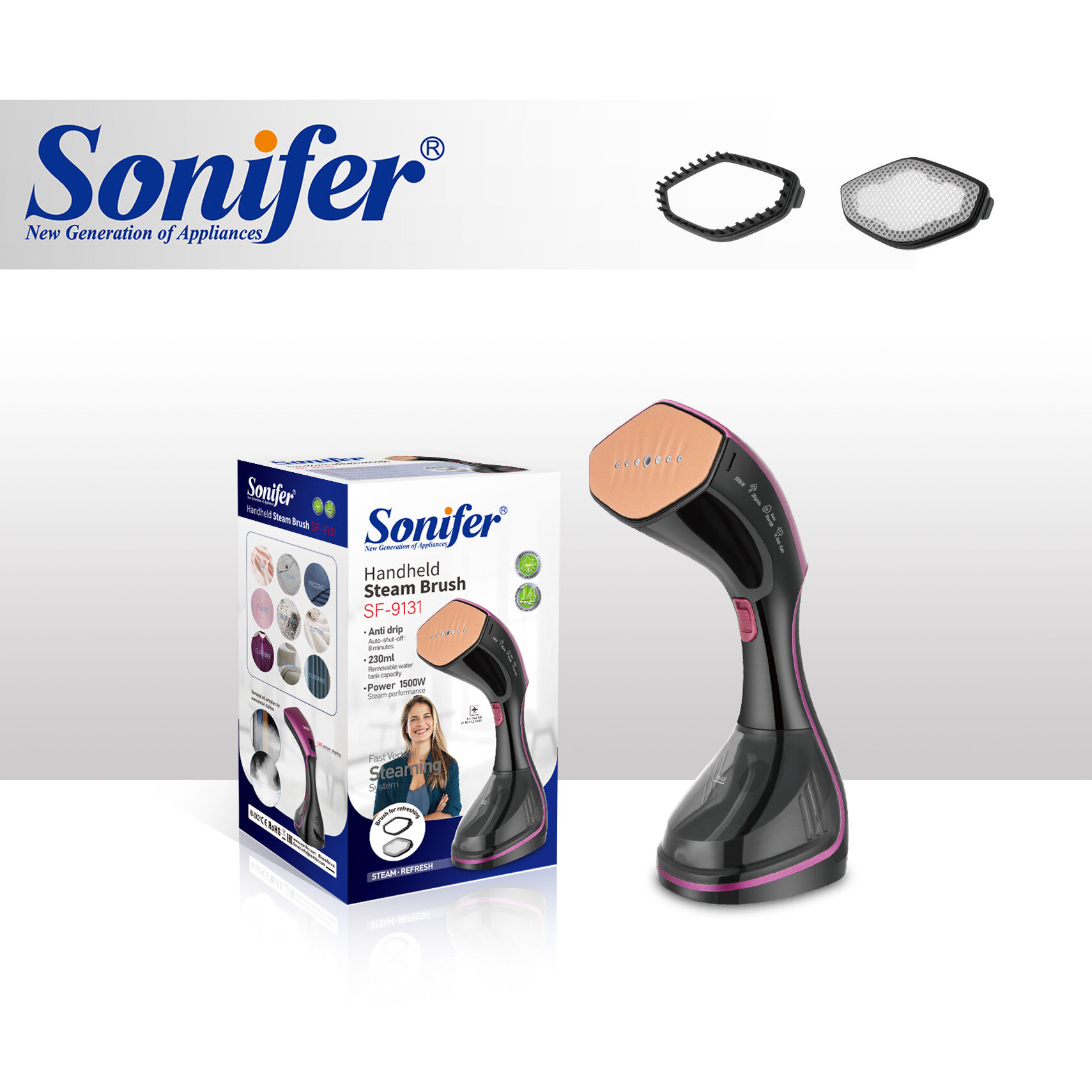 Ручной отпариватель Sonifer SF-9131, мощность 1500Вт, 2 насадки, черный/розовый — фото 1