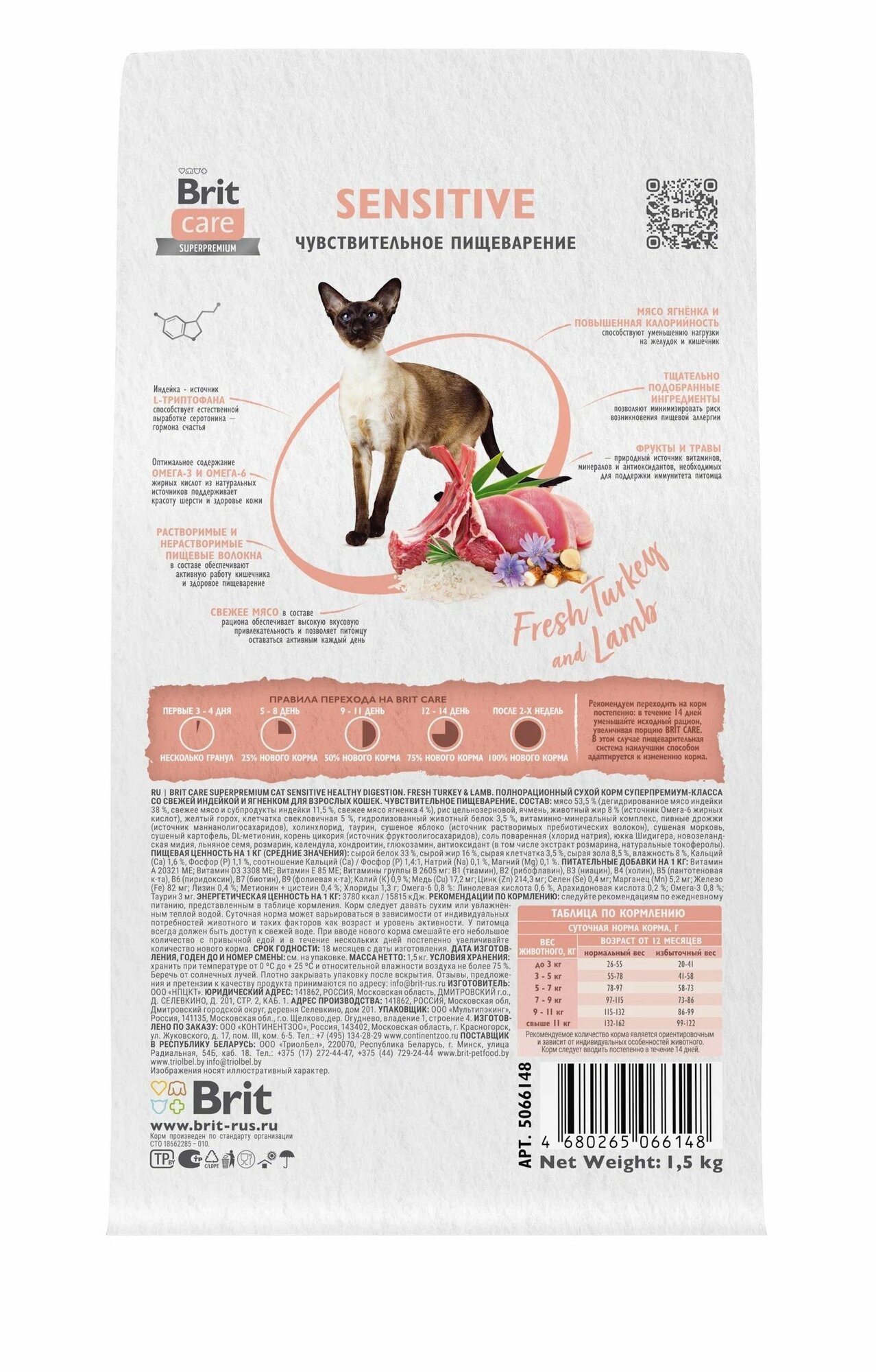 Сухой корм Brit Care Cat Sensitive Healthy Digestion для взрослых кошек с индейкой и ягнёнком для чувствительного пищеварения 1.5 кг — фото 1