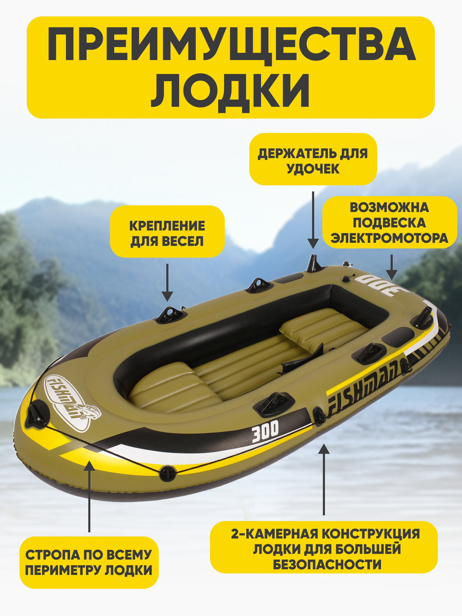 Лодка ПВХ, надувная трехместная JILONG FISHMAN 300SET, с веслами и насосом, для рыбалки. Нагрузка 265 кг. — фото 1