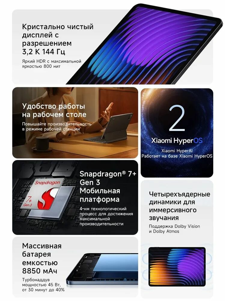 Изображение Планшет Xiaomi Pad 7 11.2", Snapdragon 7+, 8850 мАч , 8/256 ГБ, глобальная версия, черный