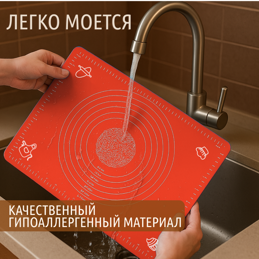 Коврик силиконовый , Красный 40*50 см для выпечки и раскатки теста с разметкой плотный — фото 1