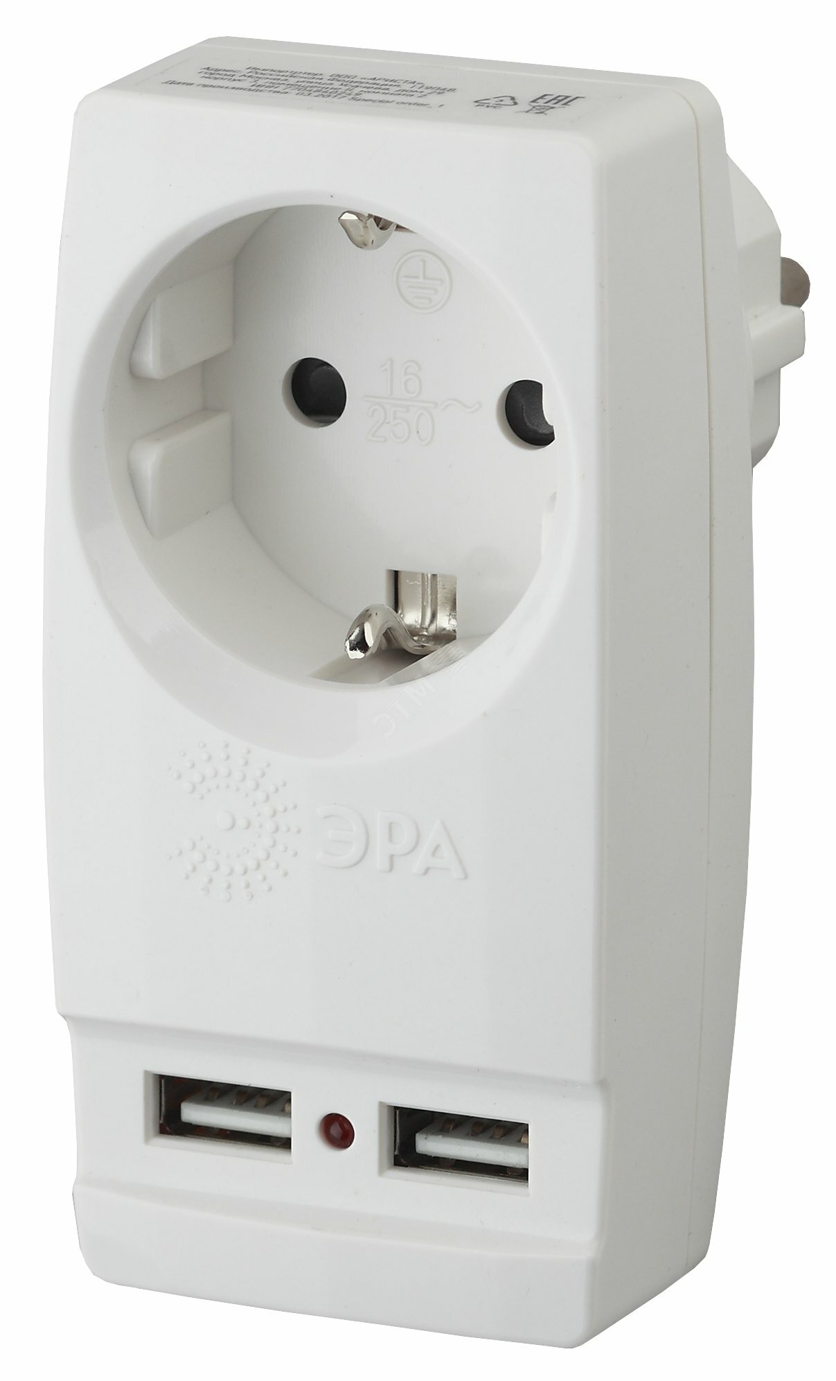 Адаптер 'Polynom' 1гн 220V + 2xUSB 2100mA c заземл (белый) (10/60/1440) SP-1e-USB-W'