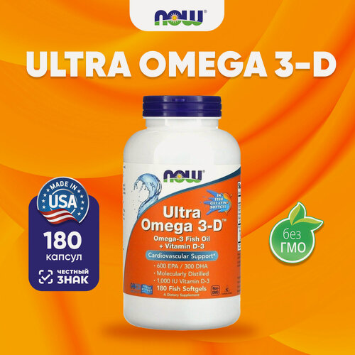 Изображение товара Now Foods Ultra Omega 3-D 180 soft НАУ Ультра Омега 3-Д Рыбий жир + Витамин Д 180 капсул