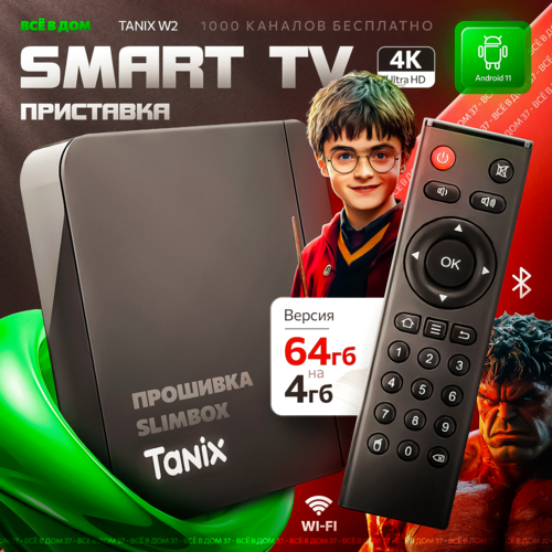 Смарт-приставка Tanix W2 медиаплеер 464Gb прошивка slimBOX Android TV 11 встроенный Wi-Fi ОРИГИНАЛ белый дисплей 3995₽