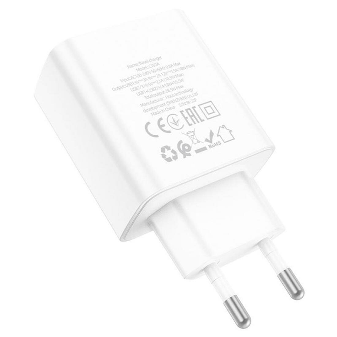 Сетевое зарядное устройство Hoco C102A, 1 USB, 18 Вт, 3 USB, 2.1 А, QC, белое — фото 1