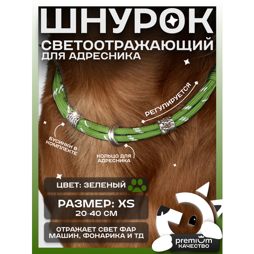 Зеленый светоотражающий шнурок для адресника для собак и кошек ОБХВАТ ШЕИ 20-40см