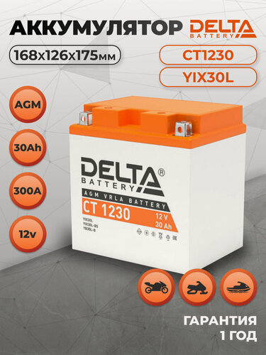 Изображение товара Аккумулятор мото DELTA AGM CT 1230 30Ah 300A обратная полярность (170х125х175) мотоцикла