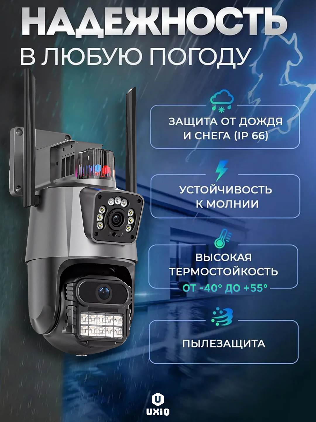 Уличная камера видеонаблюдения WiFi UXiQ Smart Camera Alert P11S-6MP, двухобъективная, беспроводная с ночным видением и датчиком движения — фото 1