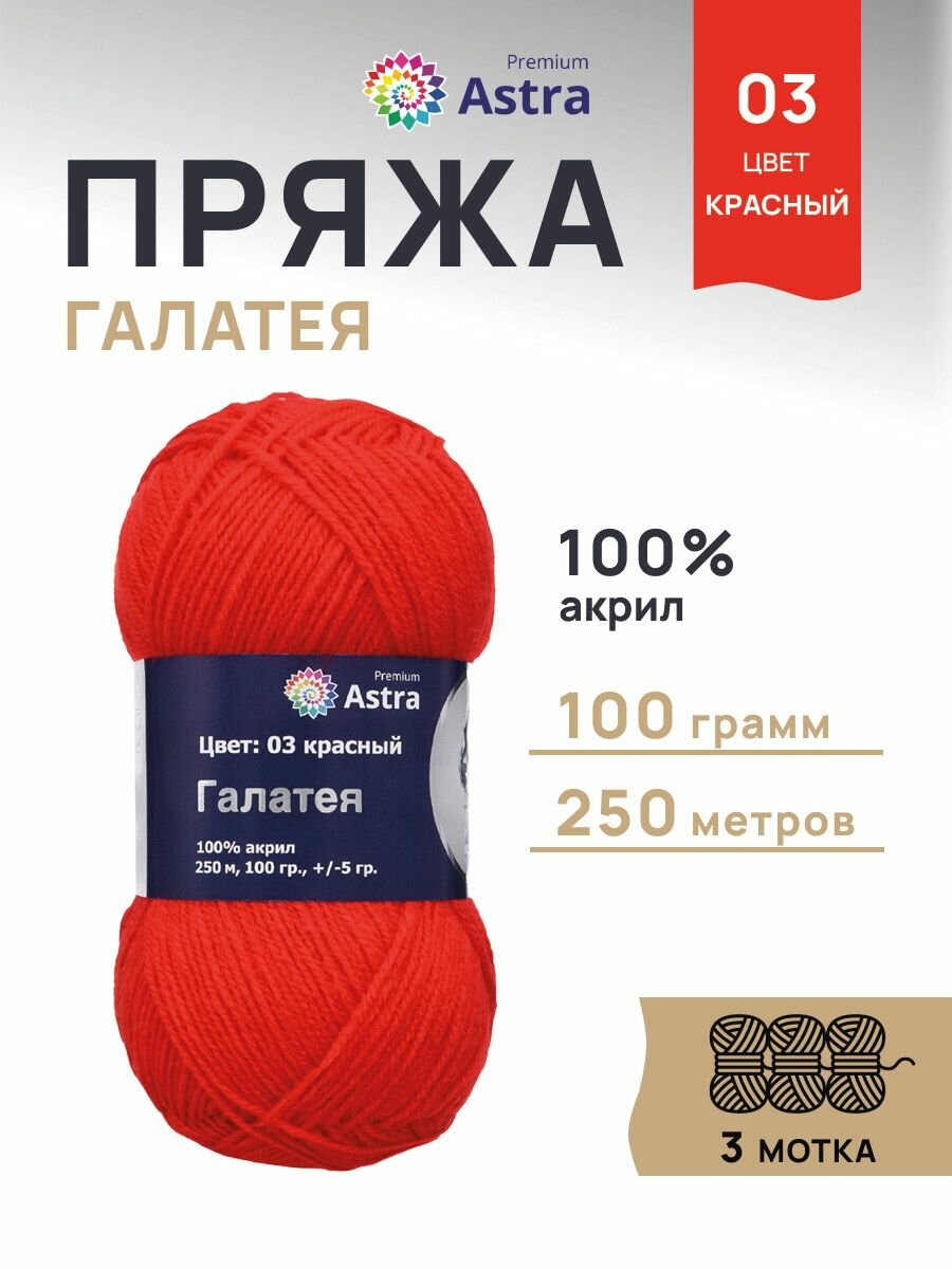 Пряжа для вязания Astra Premium 'Галатея' 100г, 250м (100% акрил) (03 красный), 3 мотка