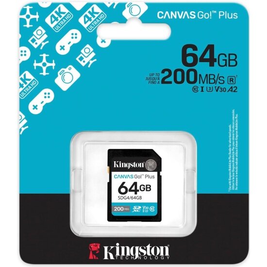 Карта памяти Kingston 64Gb Canvas Go Plus Gen4 SDXC UHS-I U3 V30 200 Mb/s NEW