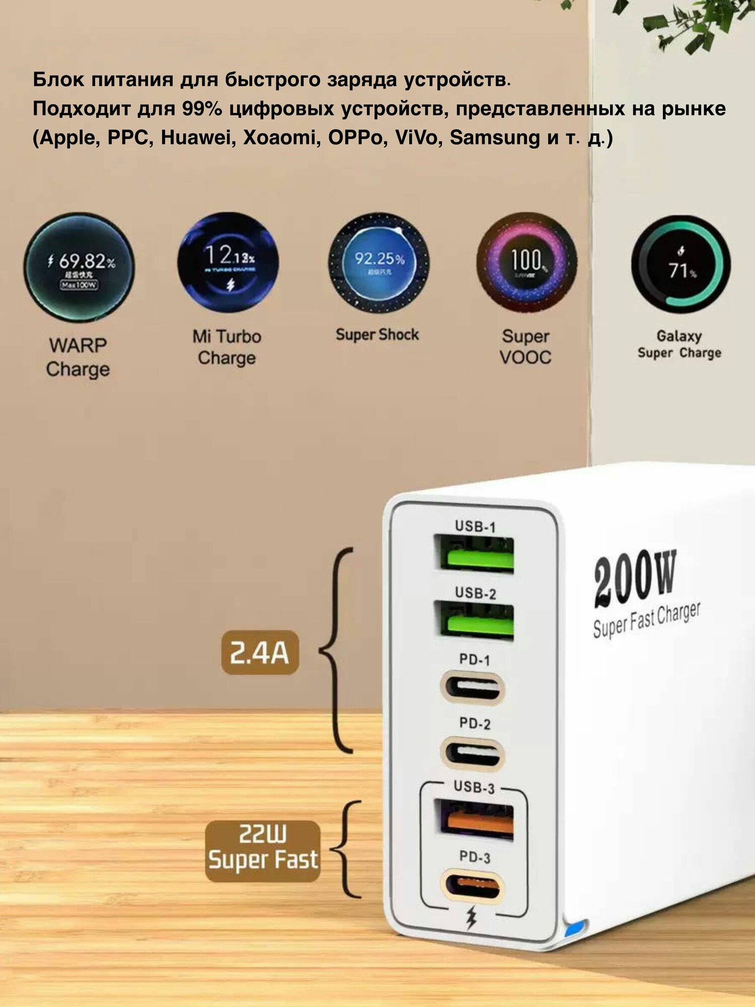Зарядное устройство (адаптер) для зарядки телефона, планшета. 3 USB порта и 3 Type-C разъема. 200W 5V / цвет черный — фото 1