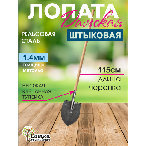 Лопата садовая штыковая рельсовая сталь женская универсальная с деревянным черенком темный, серый