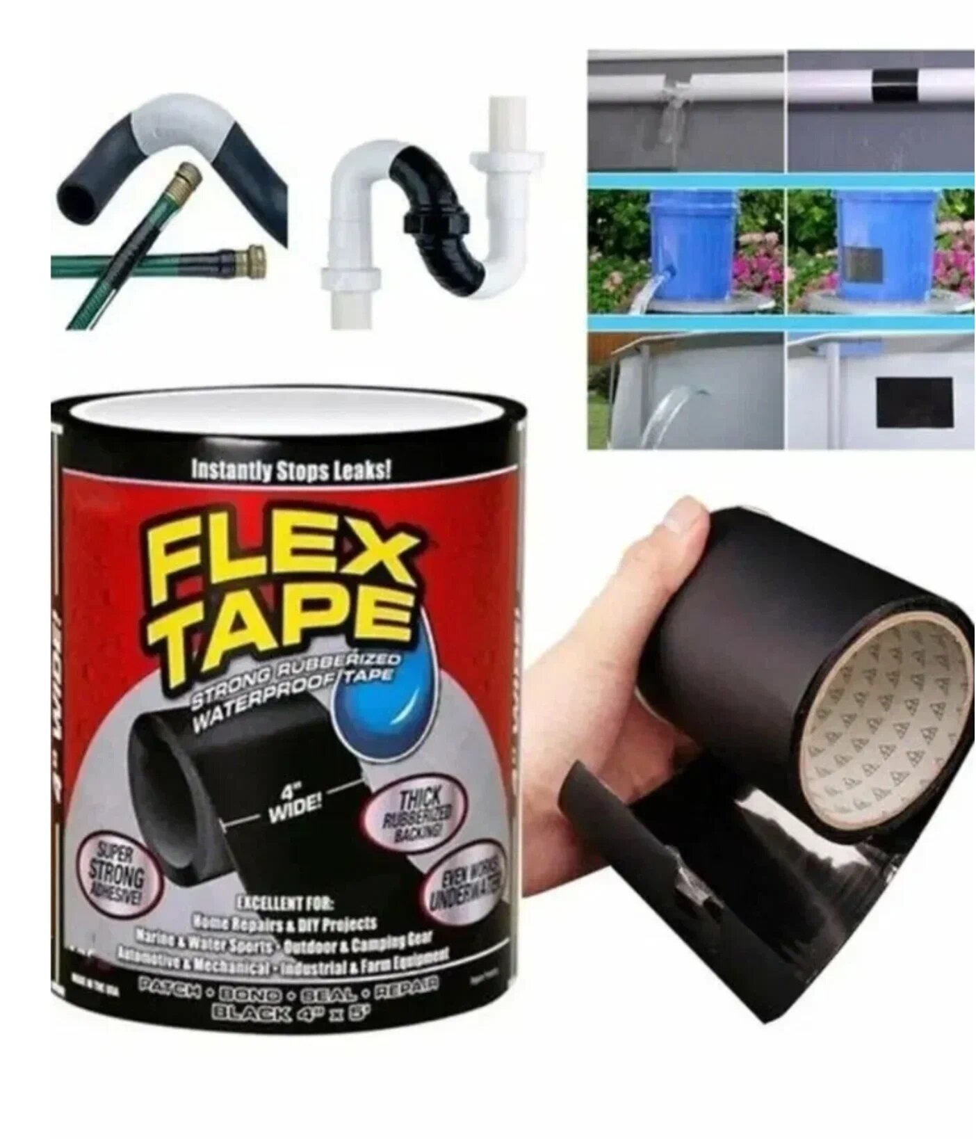 Клейкая лента, сверхпрочная армированная Flex Tape/ремонтная/сверхсильная/герметик/монтажная/флекс тейп длина 1м/черная — фото 1