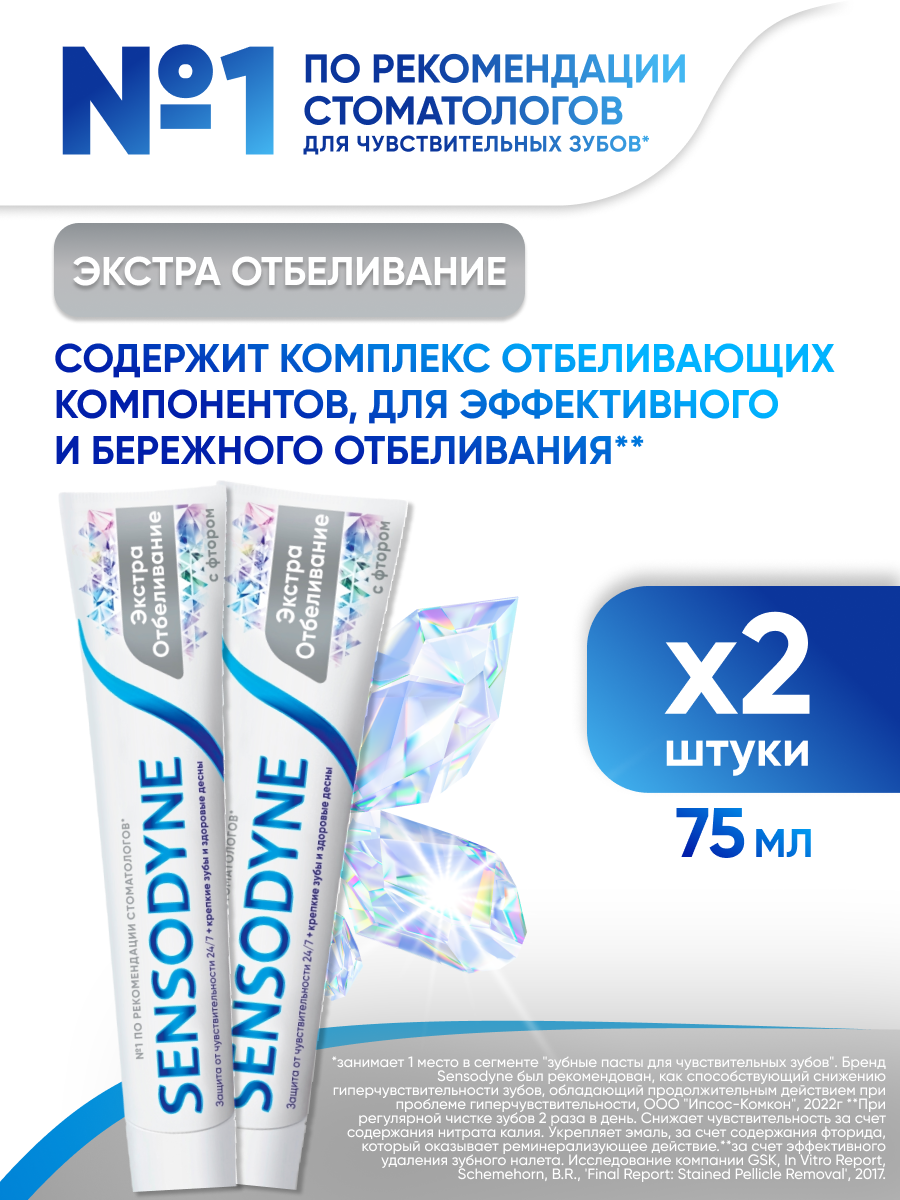 Зубная паста Sensodyne Экстра Отбеливание с фтором, 75мл 2шт