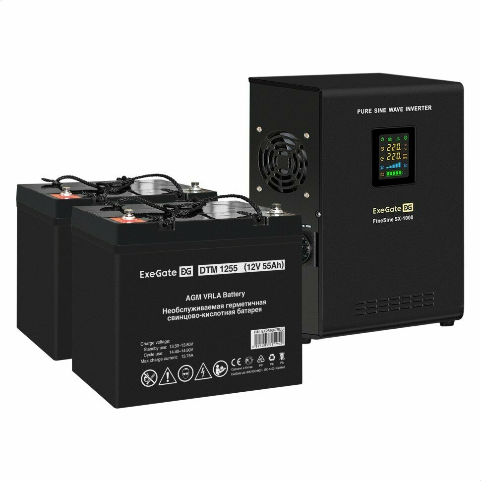 Комплект ИБП ExeGate FineSine SX-1000. LCD. AVR.2SH + Батарея 55Aч, 1 шт. (ИБП + АКБ