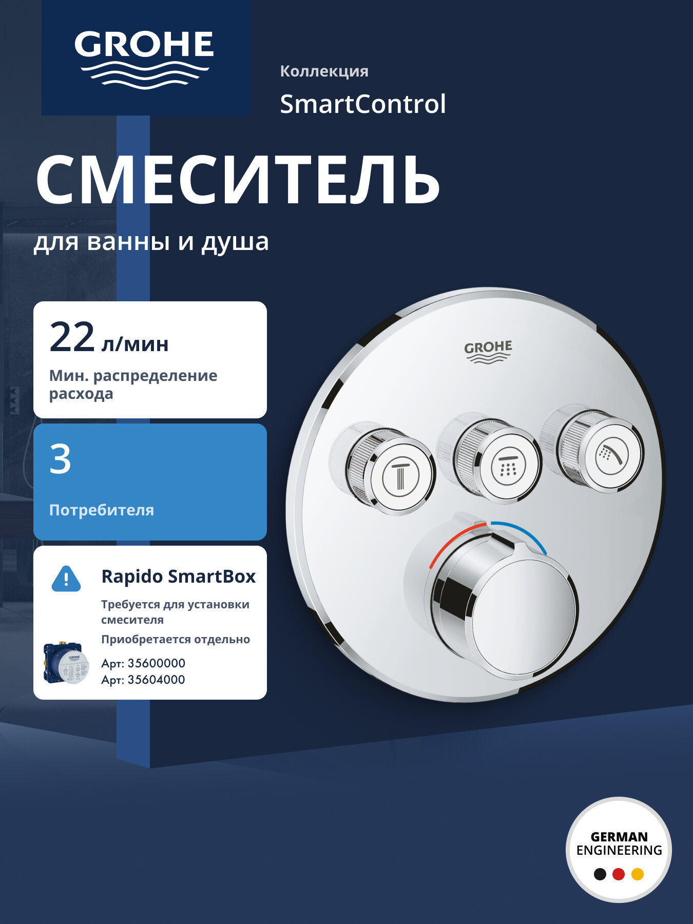 Смеситель GROHE Grohtherm SmartControl на 3 выхода внешняя монтажная часть хром (29146000)