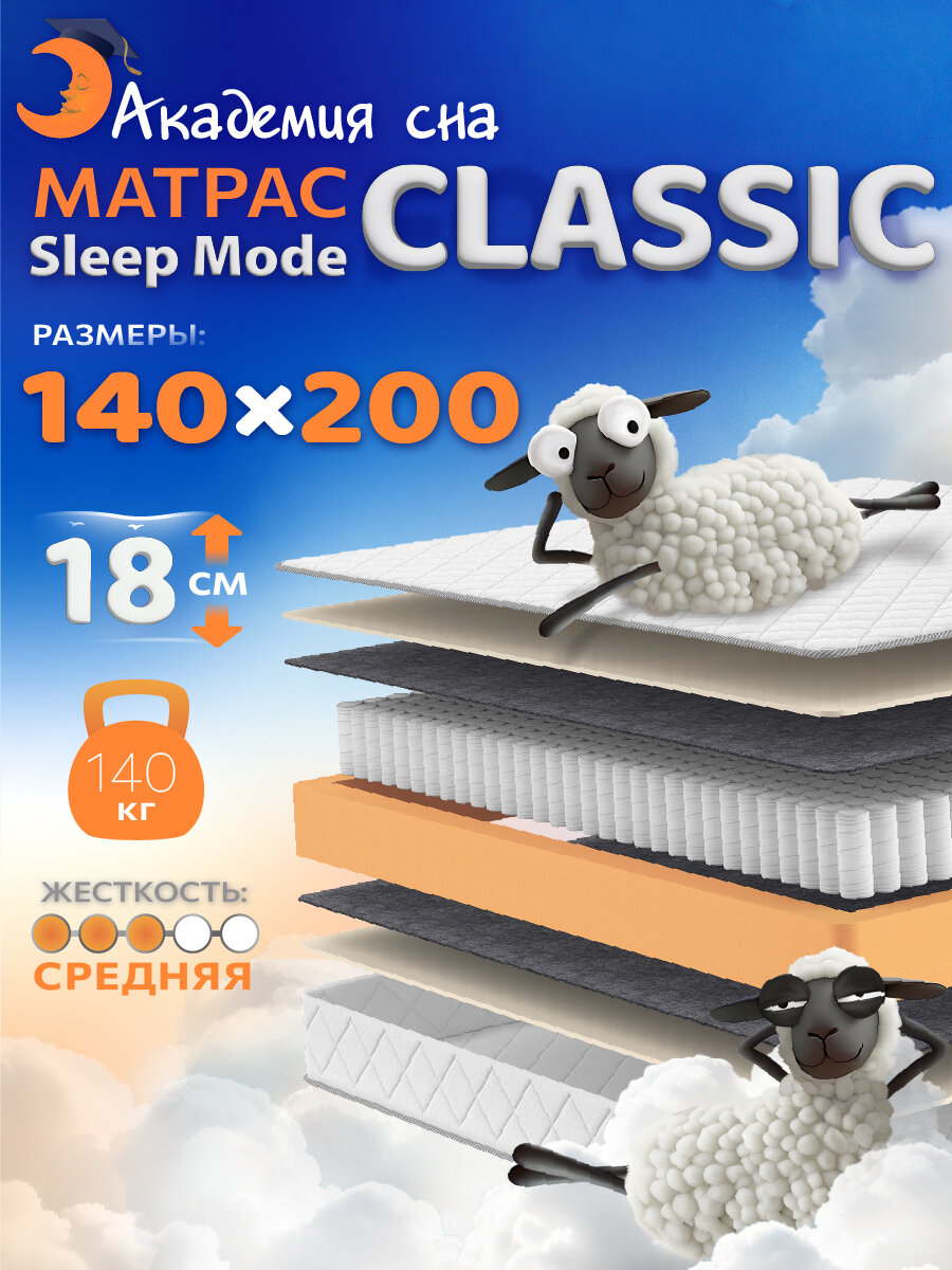 Матрас 140х200 ортопедический Академия сна Sleep Mode Classic, Независимые пружины