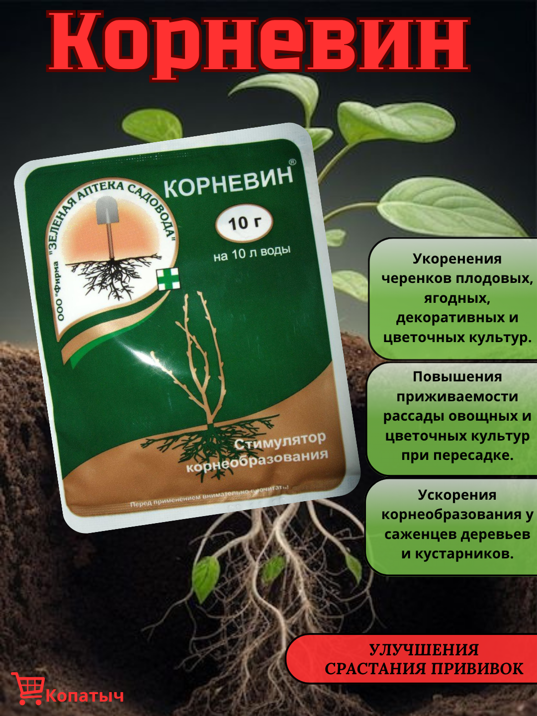 Корневин - Биостимулятор для усиленного роста корней и улучшения приживаемости растений (10гр)
