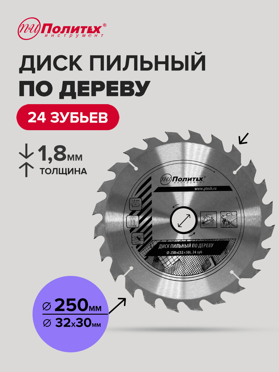 Диск пильный по дереву 250 мм 24 зубьев Политех Инструмент