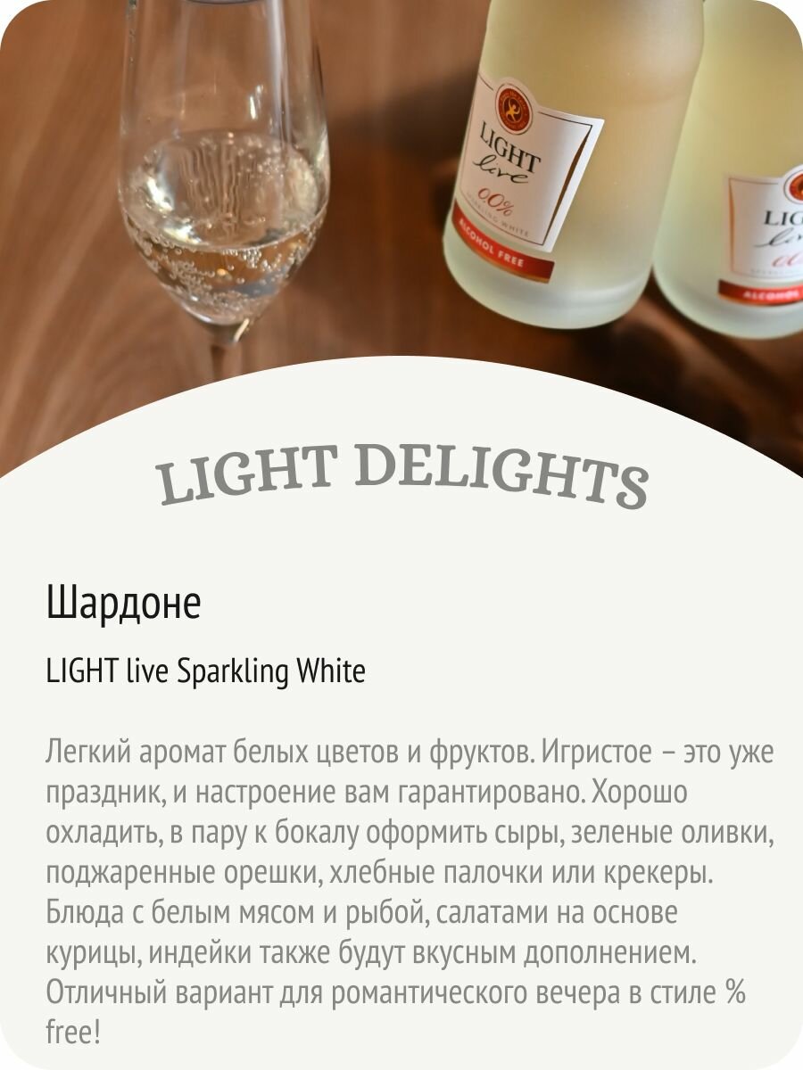 Безалкогольное шампанское LIGHT LIVE Sparkling White (Лайт Лив Спарклинг Вайт) игристое вино белое полусладкое, 100% натуральное, Германия (0.2L, Alc.0,0%) — фото 1