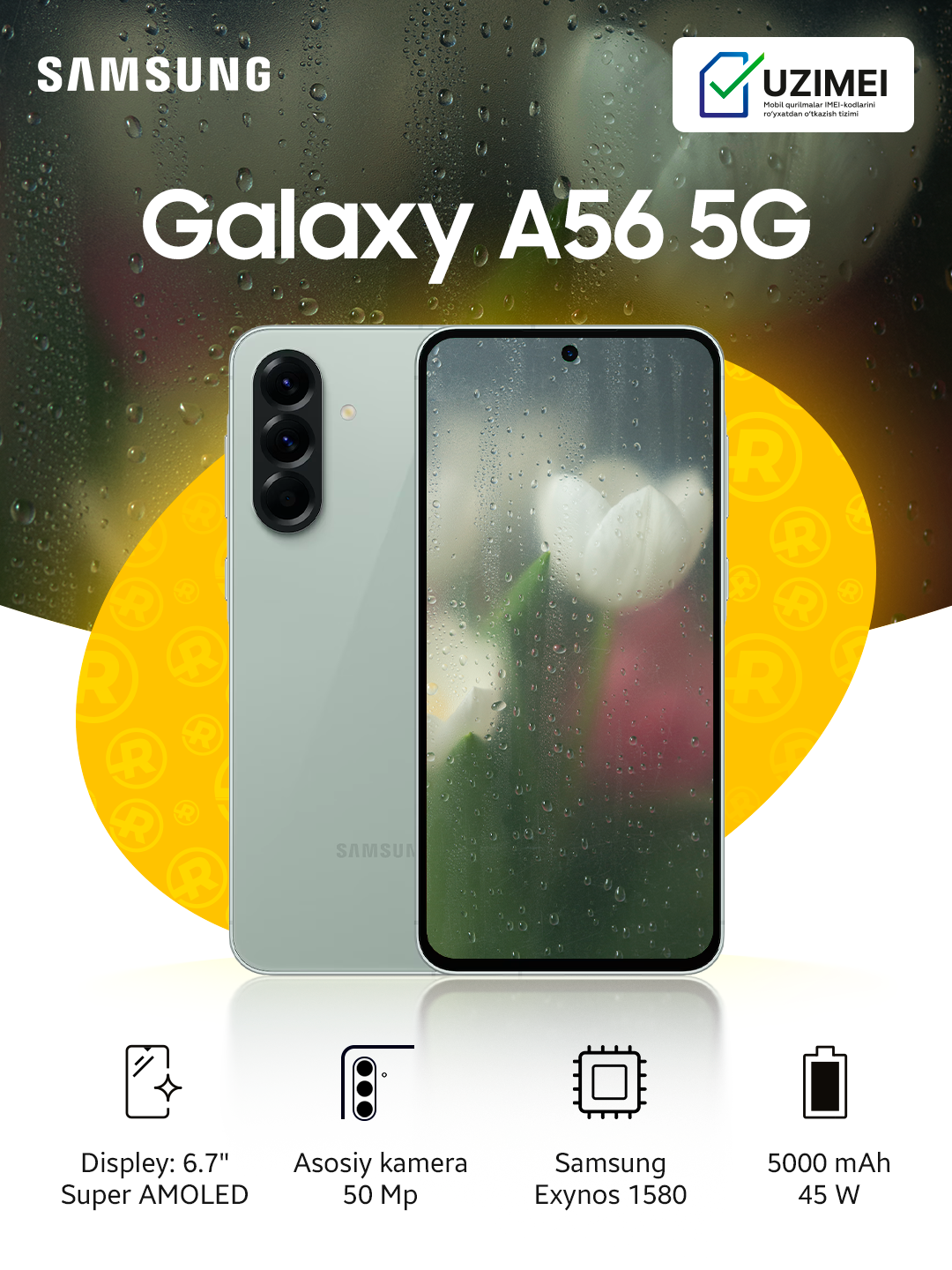 Смартфон Samsung A56, 8/128ГБ, экран 6,7", 50 МП, зеленый, металлический корпус