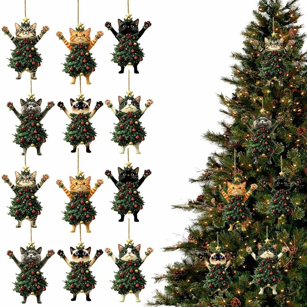 6/12/24 шт. 2D подвеска в виде рождественского кота из дерева, праздничные украшения, интерьер автомобиля