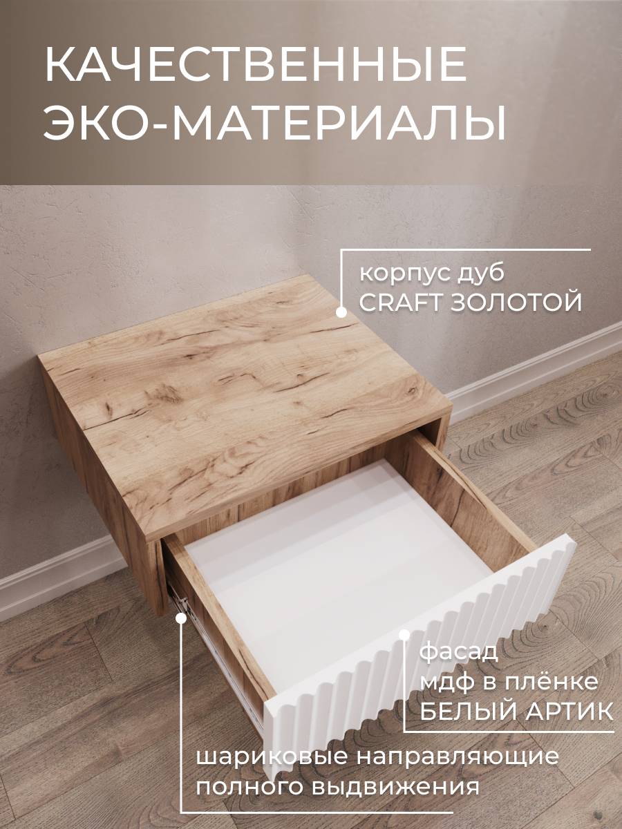 Тумба прикроватная, ЛДСП, МДФ, дуб золотой, подвесная, 40x35x15 см — фото 1