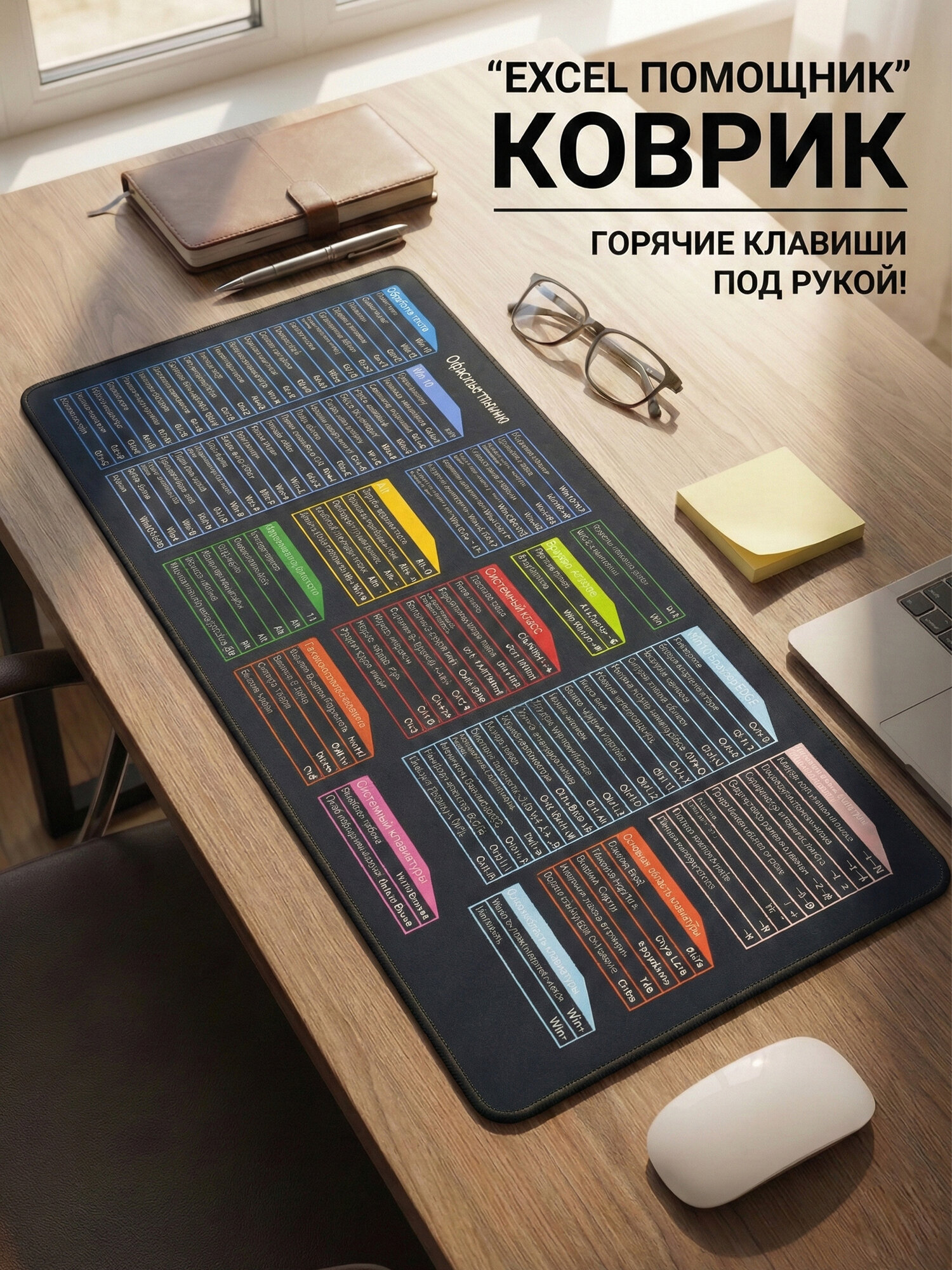 Коврик для стола 800×300 мм с горячими клавишами Office, Excel, Word и Photoshop, Desk Mat 3 мм