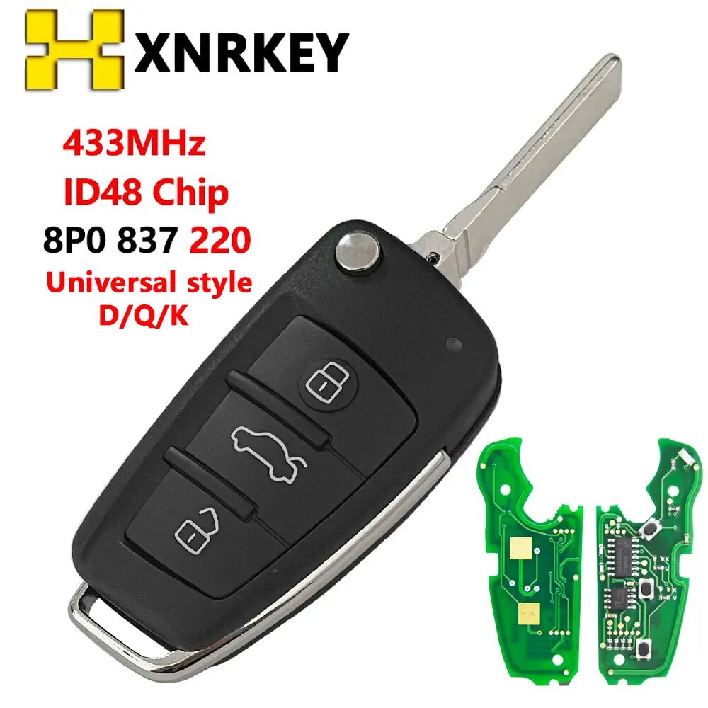 XNRKEY Универсальный стиль 3-кнопочный дистанционный автомобильный откидной ключ ID48Chip 433 МГц для Audi A3 S3 A4 S4 TT 2005-2013 8P0837220D/Q/K, Universal style