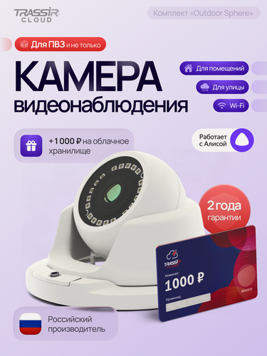 Изображение товара Уличная видеокамера TRASSIR Outdoor Sphere TR-D2S5 v2, 2Мп, PoE, ИК-подсветка, 6 мес. архива в облаке