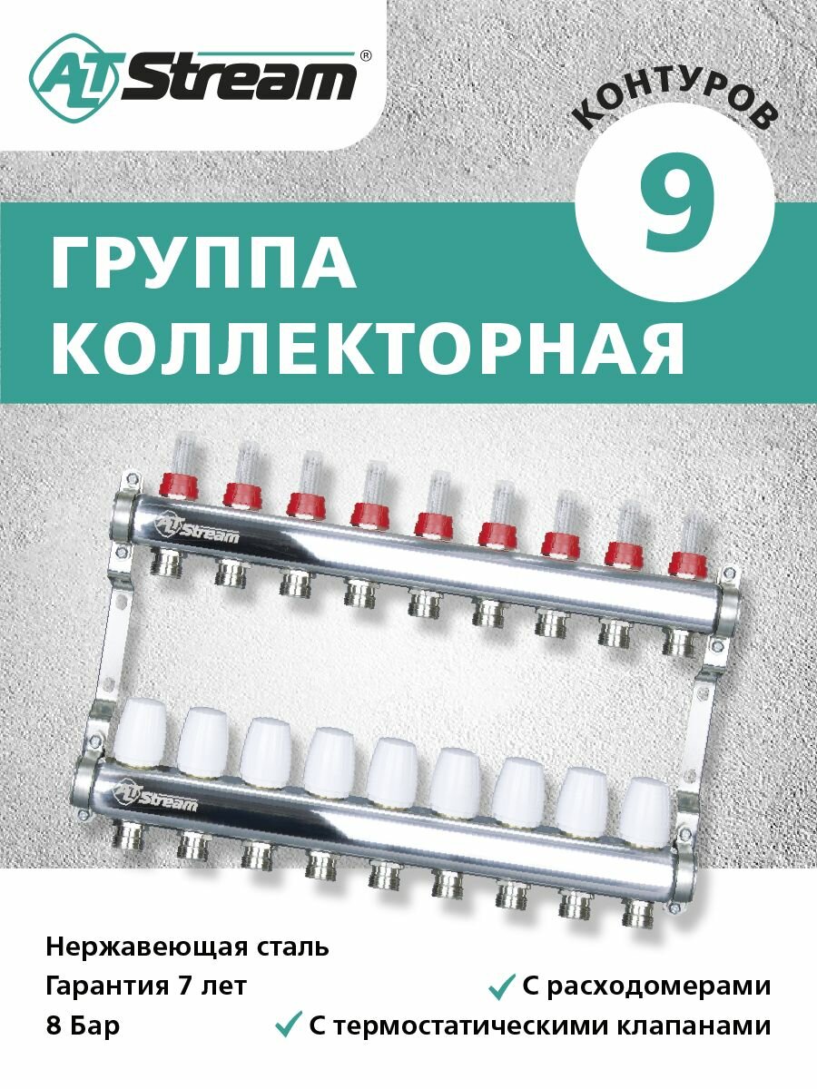 Коллекторная группа с расходомерами для теплого пола 1.1/4"х3/4" на 9 выходов