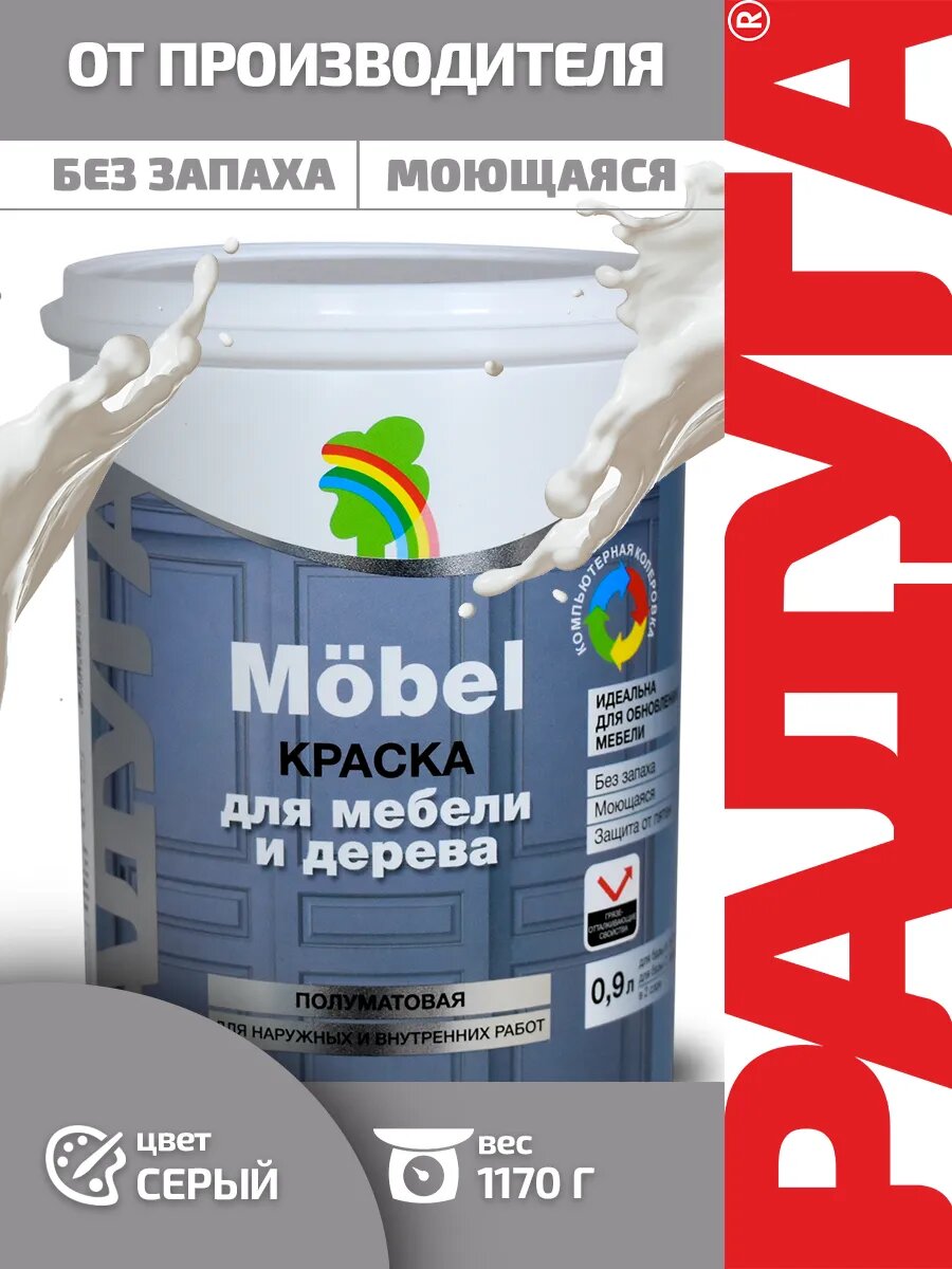 Краска акриловая полуматовая моющаяся для мебели и дерева обоев серая 09л Радуга Mobel