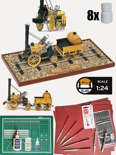 Изображение товара Модель OcCre, Паровоз Rocket, М 1:24, подарочный набор c подставкой, инструментами, красками, лаком и клеем