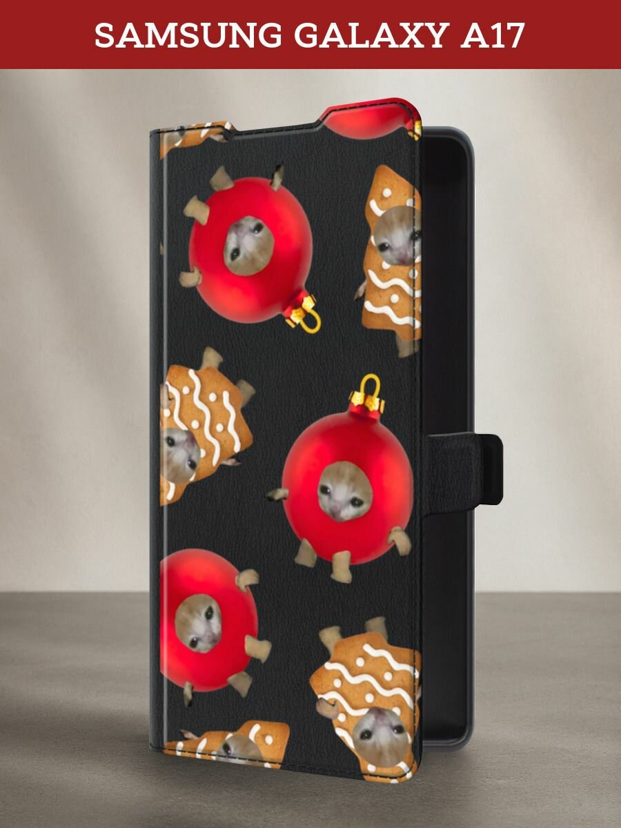 Чехол-книжка на Samsung Galaxy A17 / Самсунг А17 с рисунком Котенок в шарике и елке, черный